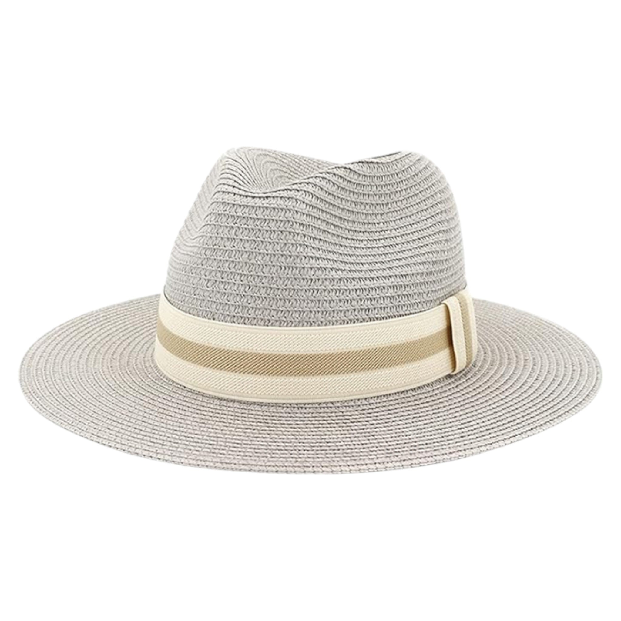 Nicky Adams men's grey/cream woven Panama-style hat with wide brim and beige striped band – breathable summer sun hat for holidays, travel, and countrywear fashion.